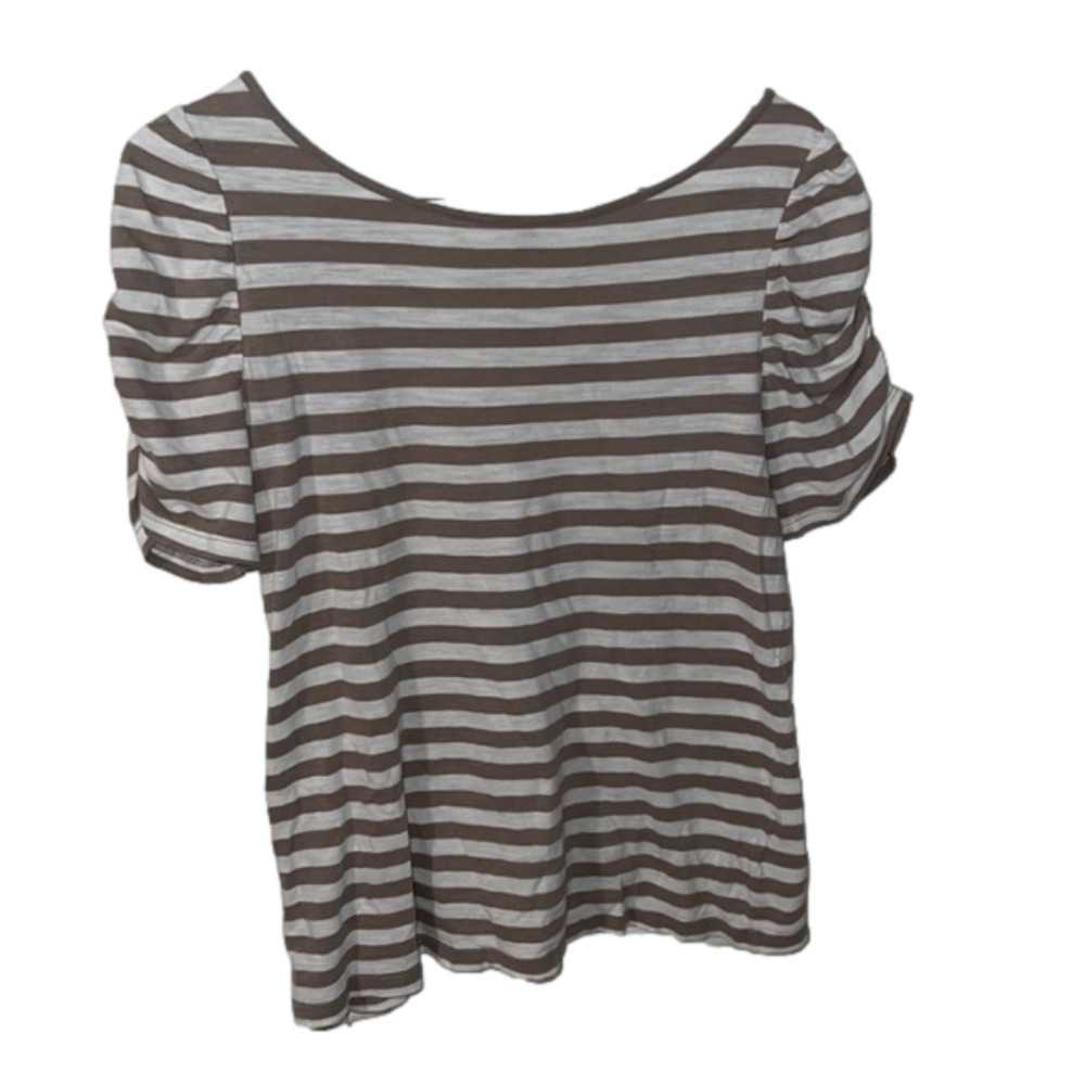 Cream and light brown striped banana republic blouse, button detail on shoulder